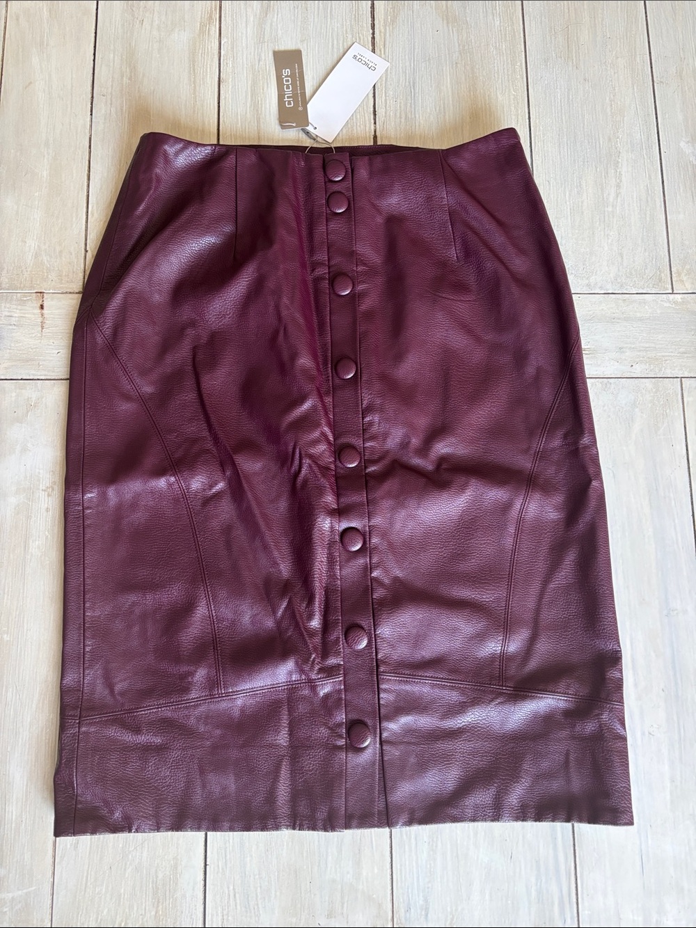 Chico’s Black Label NWT Plum Purple Burgundy Faux Leather Midi Skirt Size 0.5